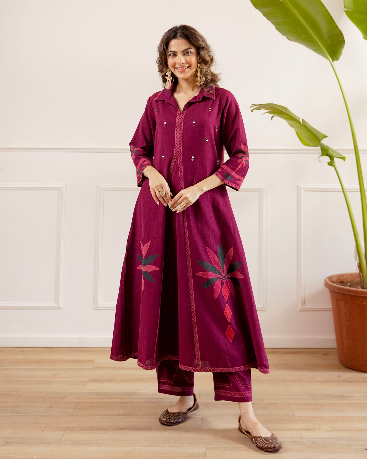 Wine Berry Mirrorwork A Line Cotton Kurta Set