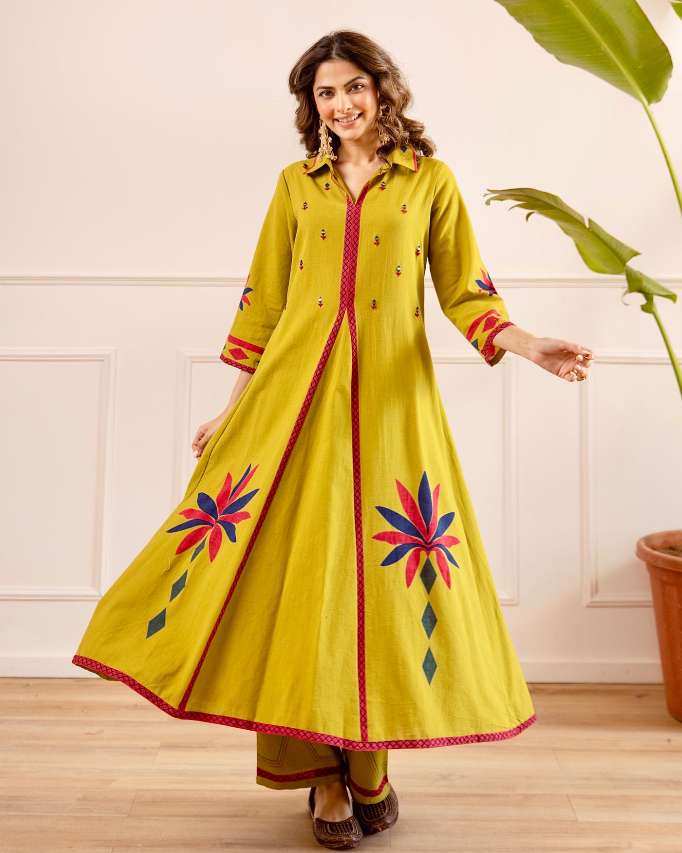 Lime Green Mirrorwork A Line Cotton Kurta Set