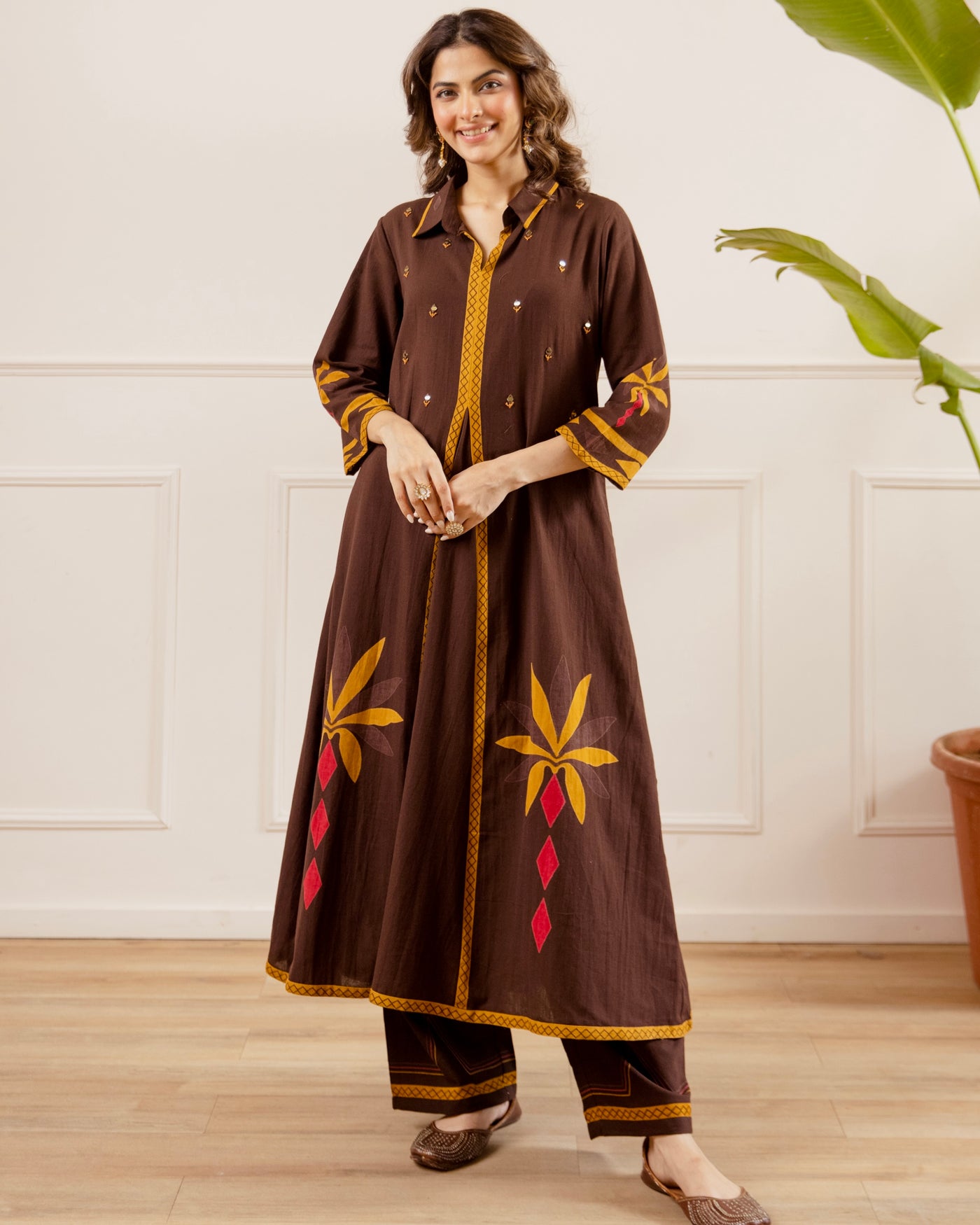 Mocha Brown Mirrorwork A Line Cotton Kurta Set