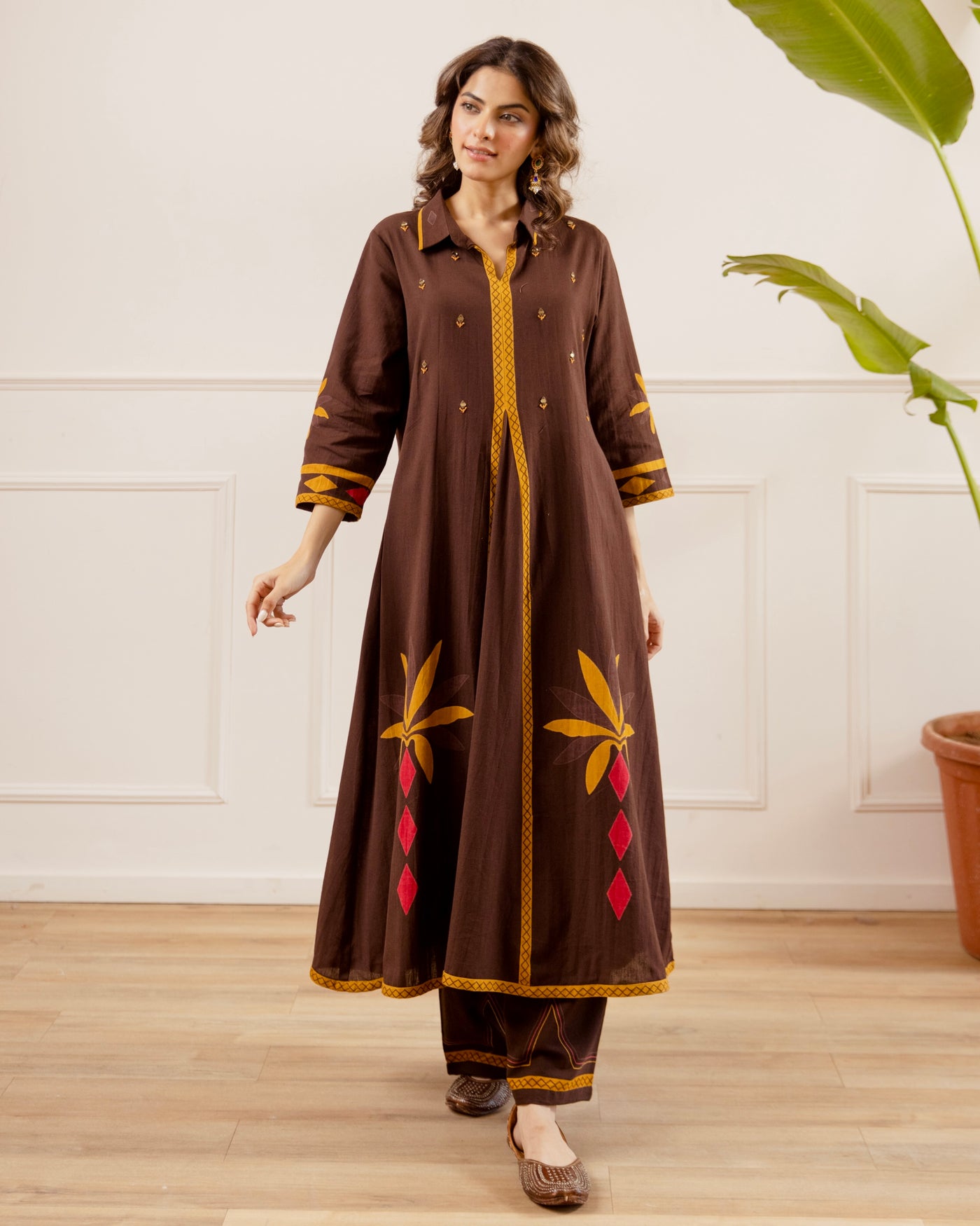 Mocha Brown Mirrorwork A Line Cotton Kurta Set