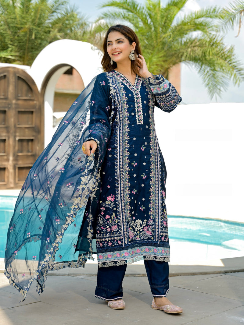 Midnight Blossom Threadwork Pakistani Shimmer Suit