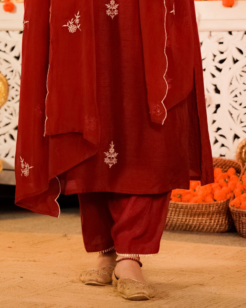 Crimson Red Noor Handwork Chanderi Silk Festive Suit