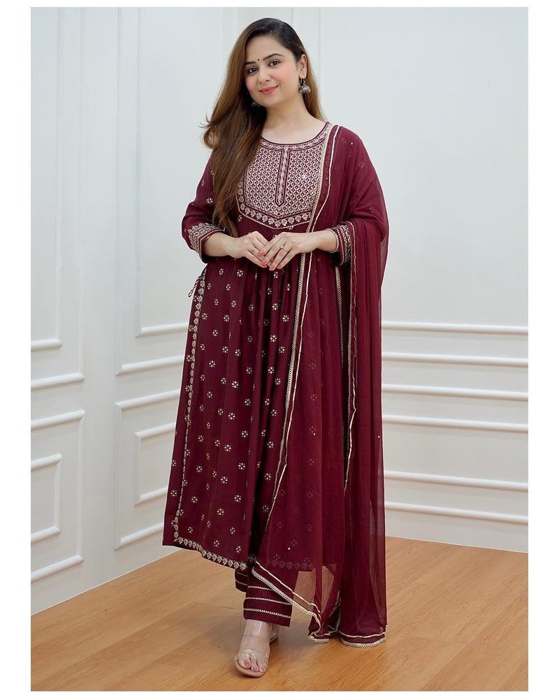 Magenta Embroidered Muslin Suit