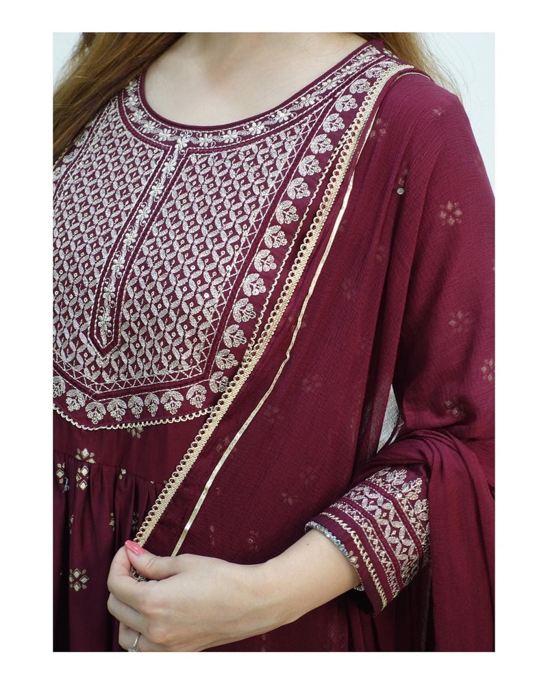 Magenta Embroidered Muslin Suit