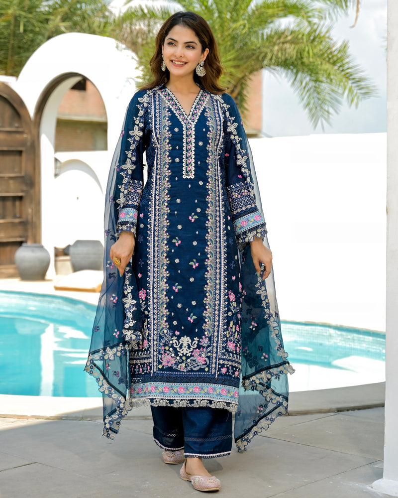 Midnight Blossom Threadwork Pakistani Shimmer Suit