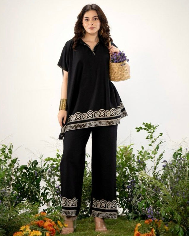Zen Black Threadwork Kaftan Style Cotton Co-ord