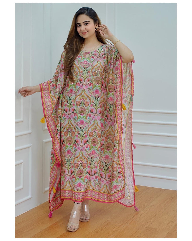 Floral Muslin Embroidered Kaftan
