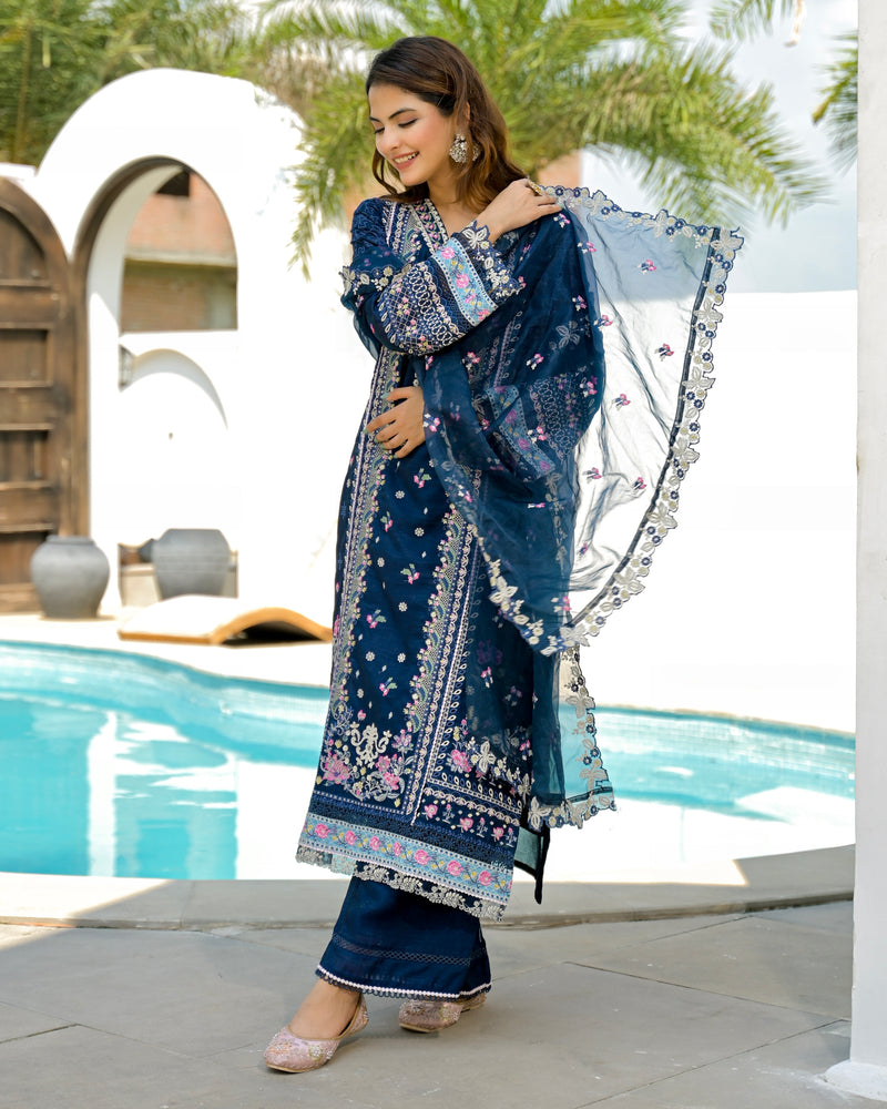 Midnight Blossom Threadwork Pakistani Shimmer Suit