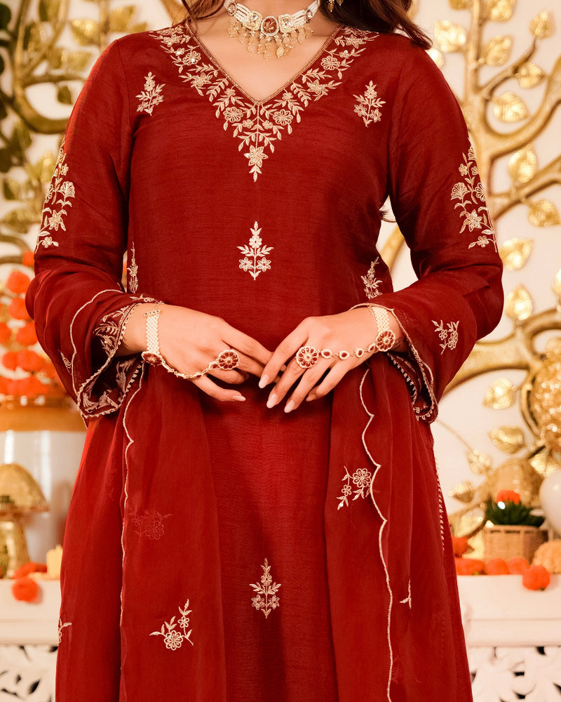 Crimson Red Noor Handwork Chanderi Silk Festive Suit