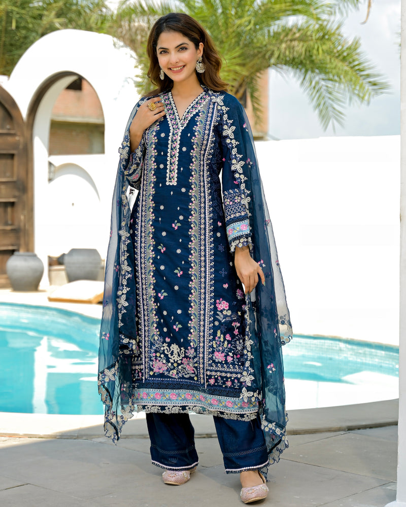 Midnight Blossom Threadwork Pakistani Shimmer Suit