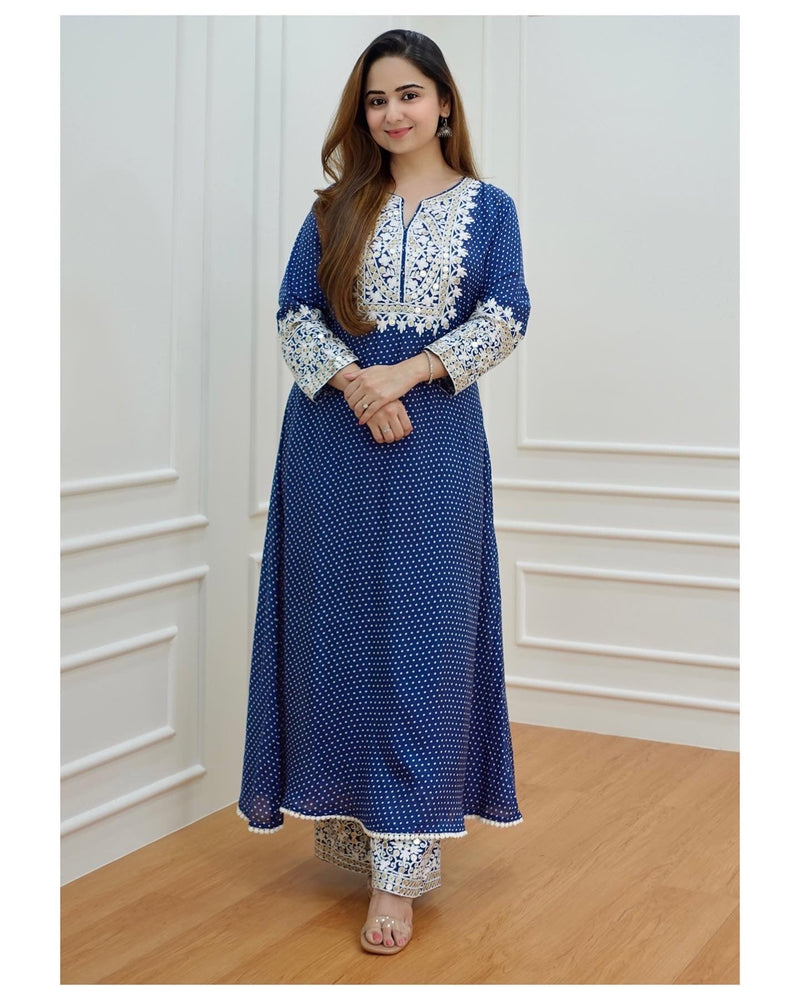 Blue Polka Threadwork Kurta Set