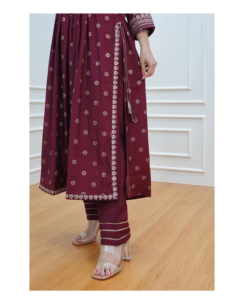 Magenta Embroidered Muslin Suit