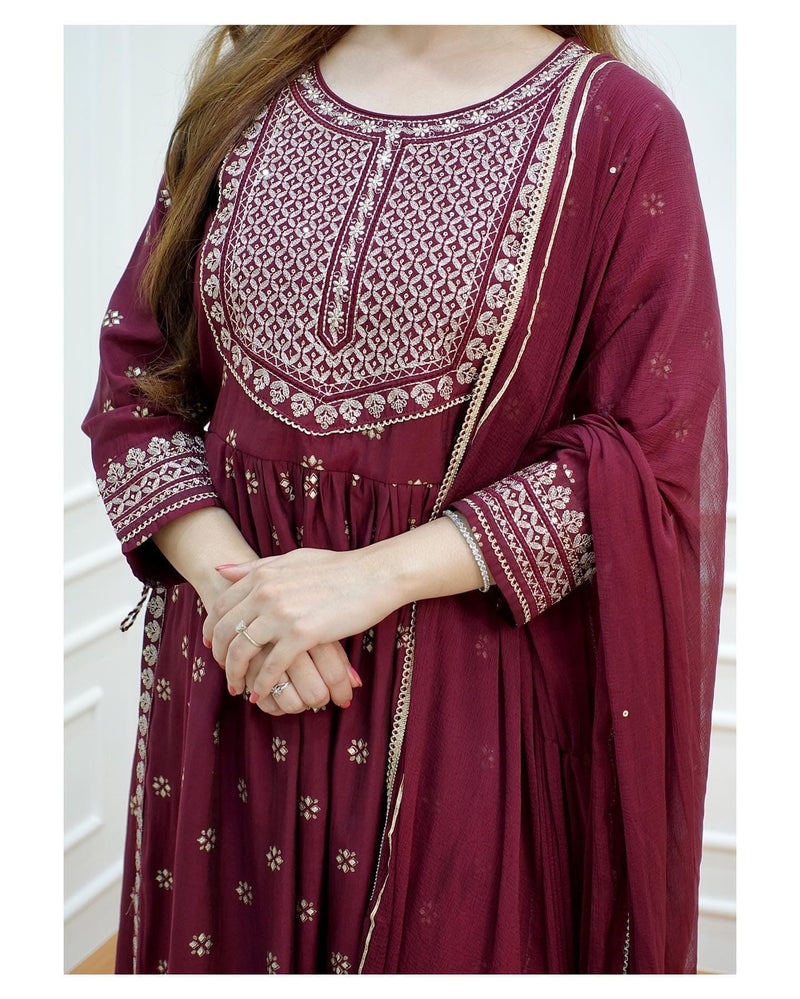 Magenta Embroidered Muslin Suit