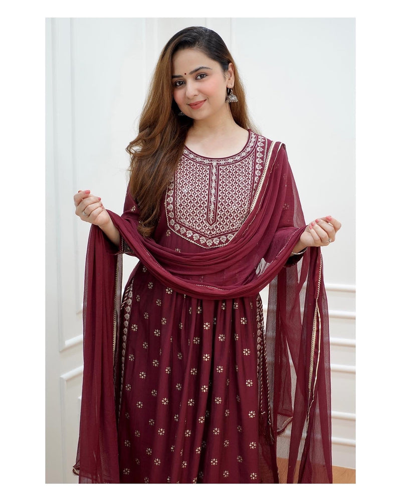 Magenta Embroidered Muslin Suit
