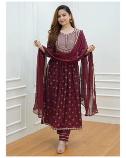 Magenta Embroidered Muslin Suit