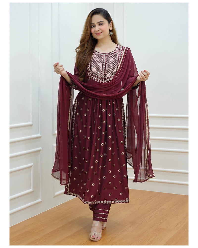 Magenta Embroidered Muslin Suit