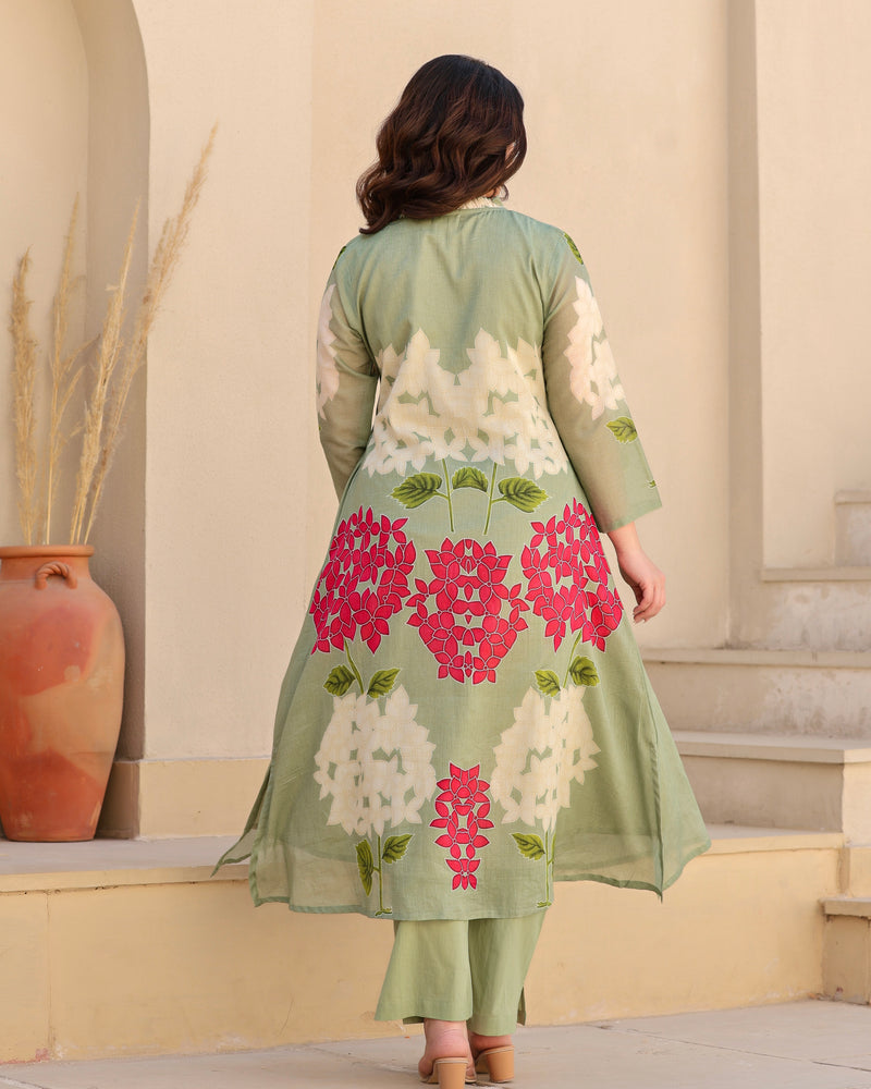 Olive Green Bloom Pintex Mul Cotton A Line Kurta Set