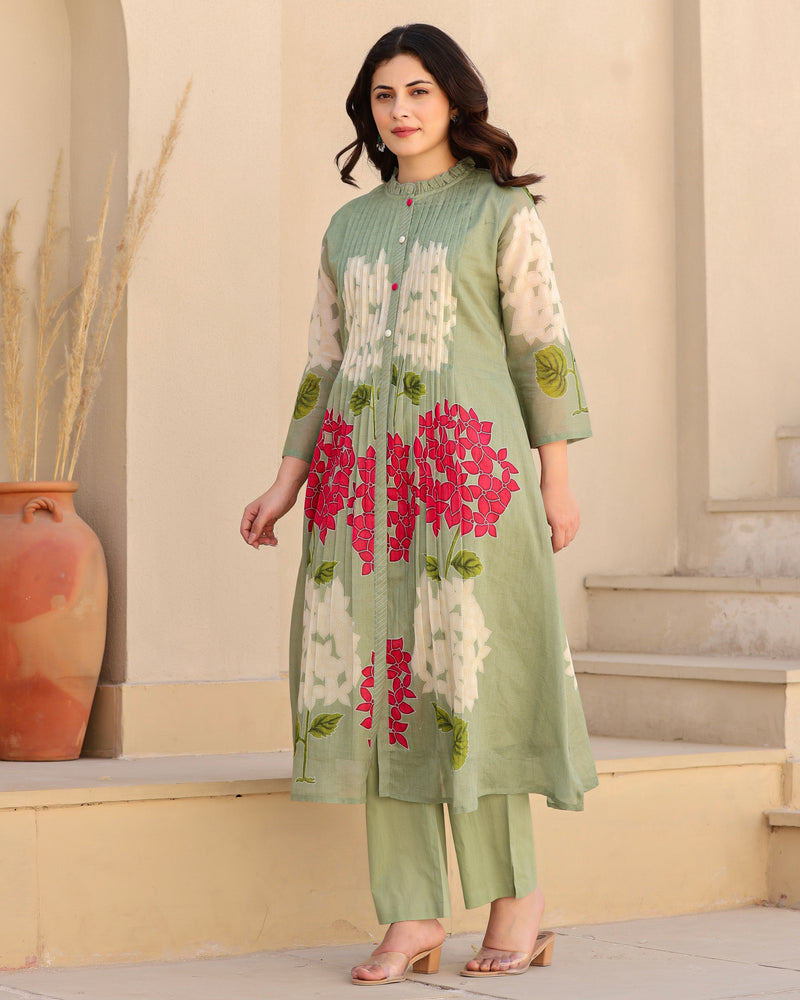 Olive Green Bloom Pintex Mul Cotton A Line Kurta Set