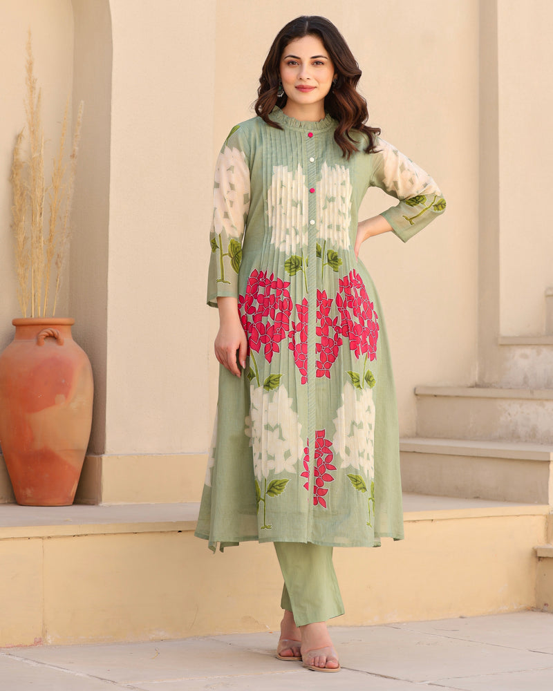 Olive Green Bloom Pintex Mul Cotton A Line Kurta Set