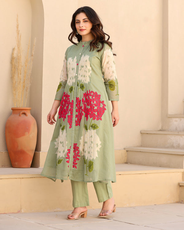 Olive Green Bloom Pintex Mul Cotton A Line Kurta Set