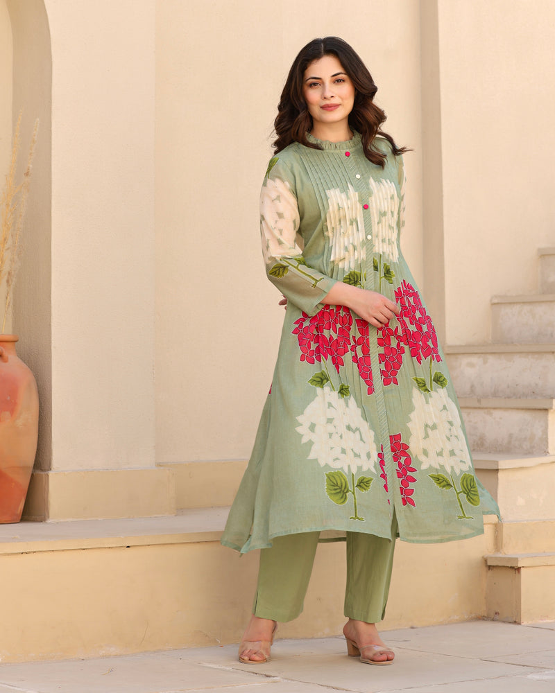 Olive Green Bloom Pintex Mul Cotton A Line Kurta Set