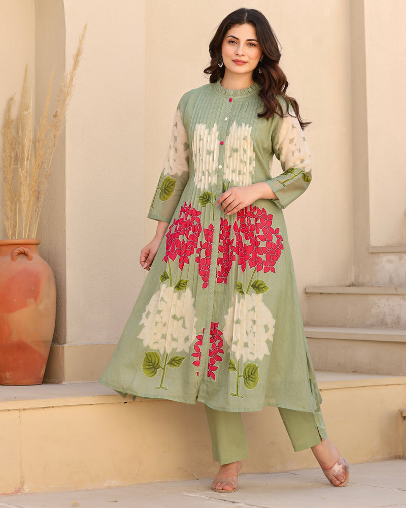 Olive Green Bloom Pintex Mul Cotton A Line Kurta Set