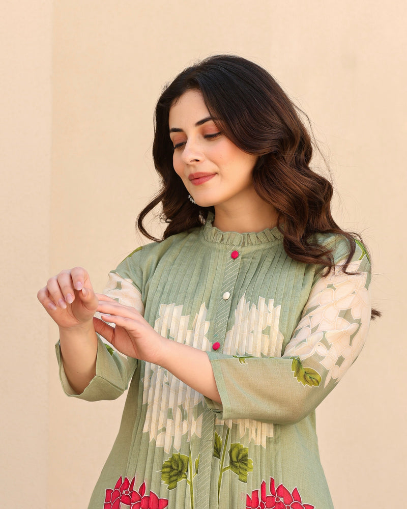 Olive Green Bloom Pintex Mul Cotton A Line Kurta Set