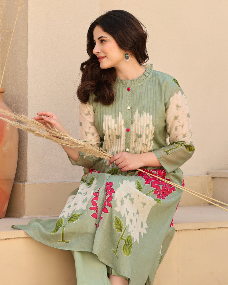Olive Green Bloom Pintex Mul Cotton A Line Kurta Set