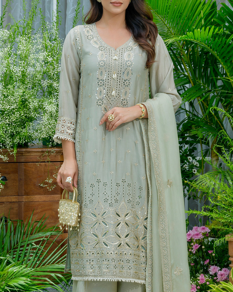 Sunehri Sage Pakistani Chinnon Schiffli Festive Suit