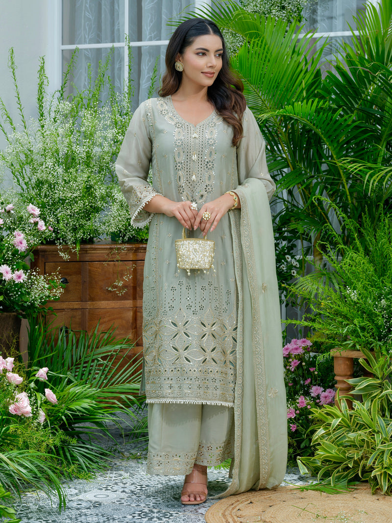 Sunehri Sage Pakistani Chinnon Schiffli Festive Suit