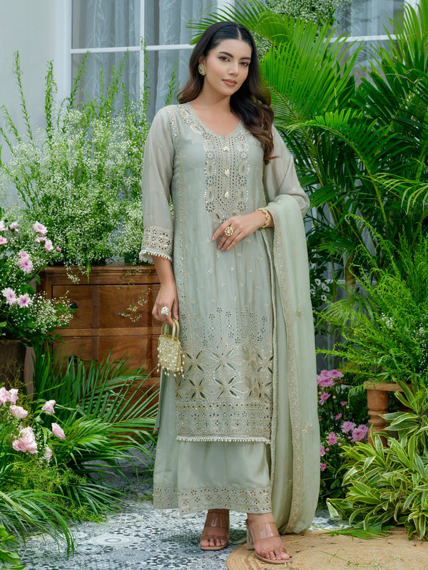 Sunehri Sage Pakistani Chinnon Schiffli Festive Suit