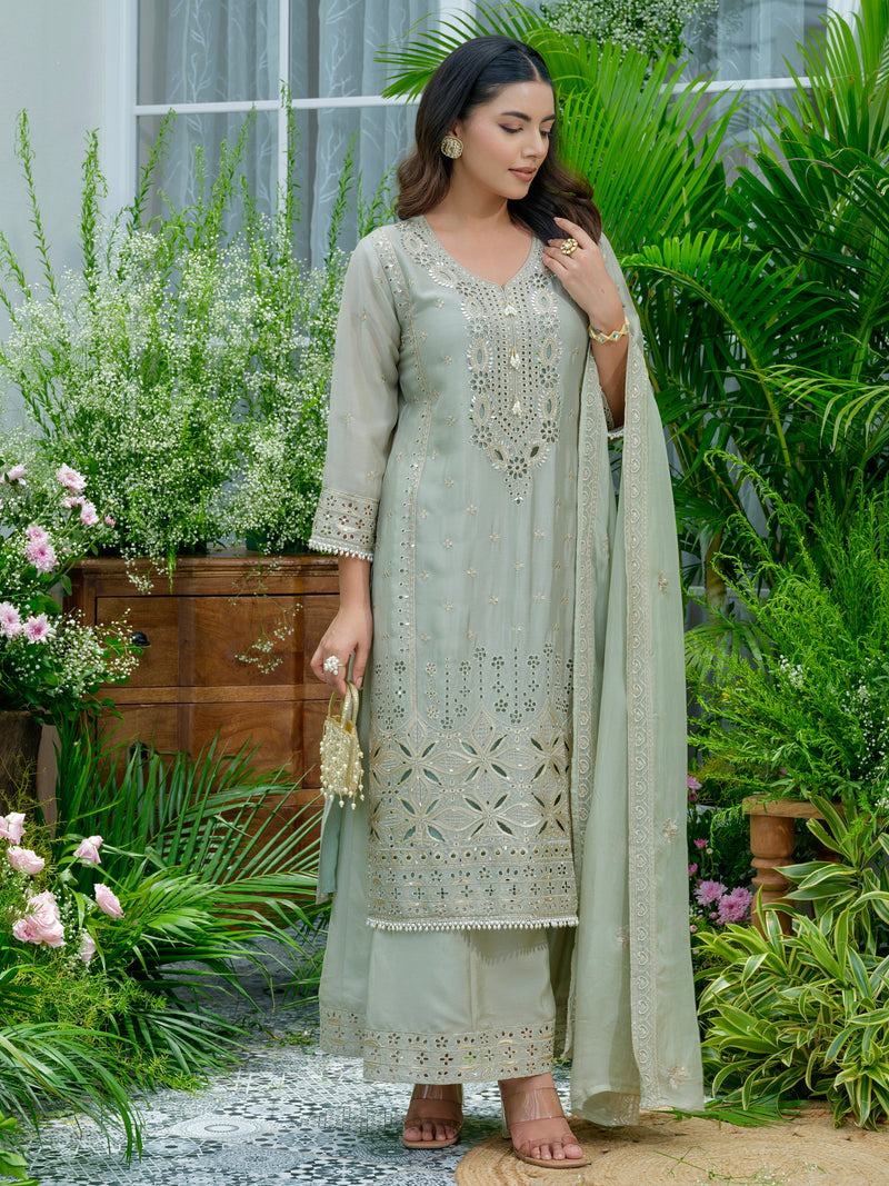 Sunehri Sage Pakistani Chinnon Schiffli Festive Suit