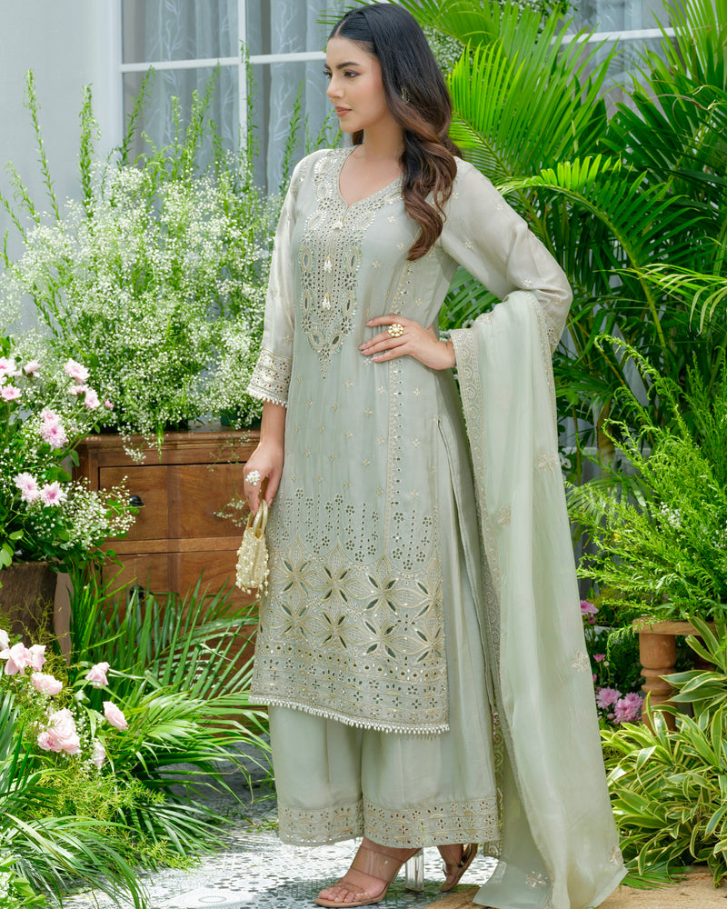 Sunehri Sage Pakistani Chinnon Schiffli Festive Suit