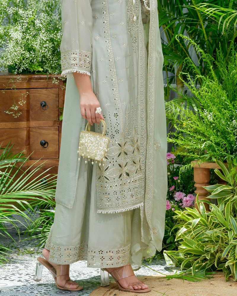 Sunehri Sage Pakistani Chinnon Schiffli Festive Suit