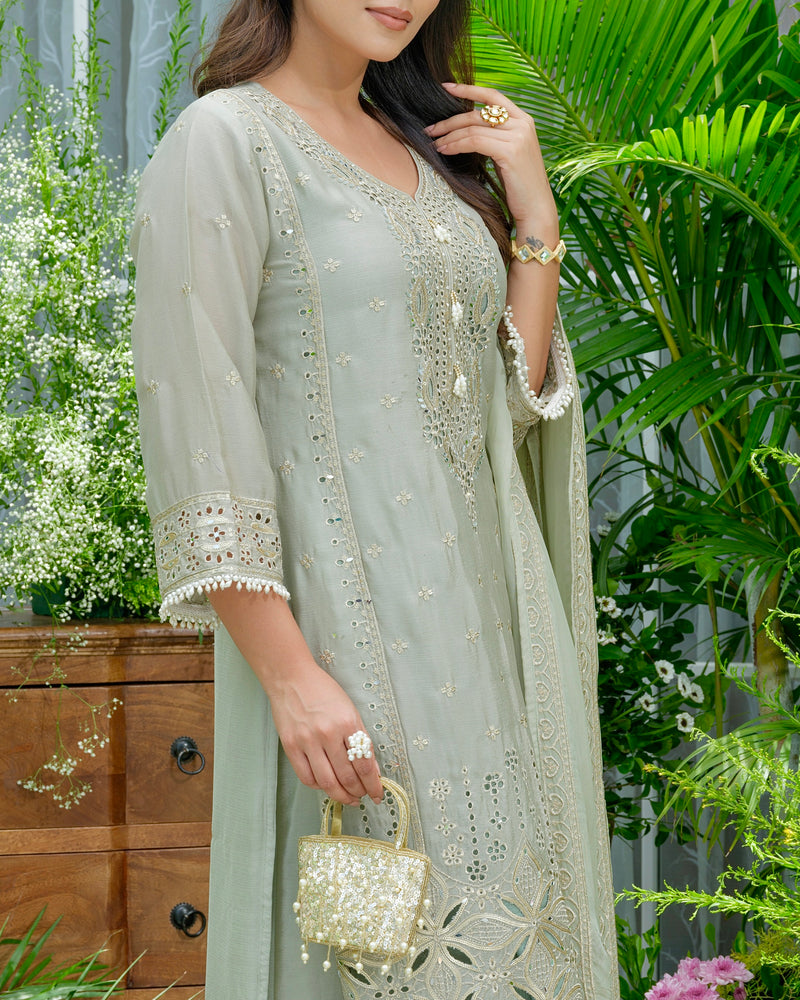 Sunehri Sage Pakistani Chinnon Schiffli Festive Suit