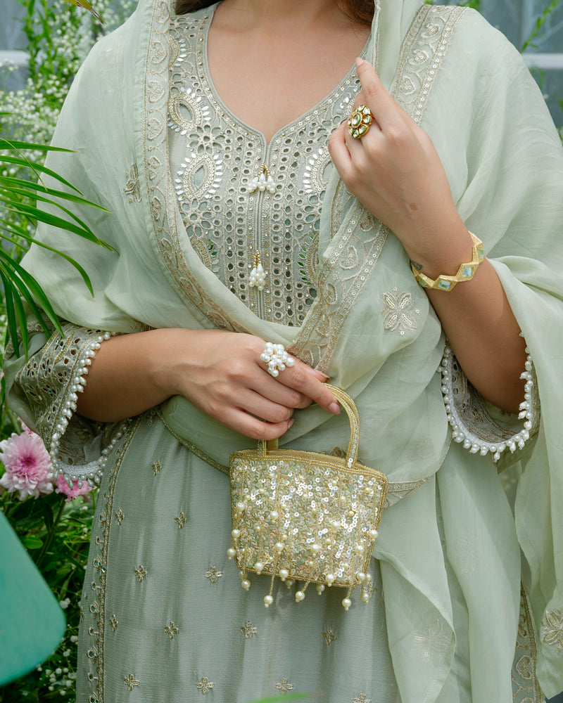 Sunehri Sage Pakistani Chinnon Schiffli Festive Suit