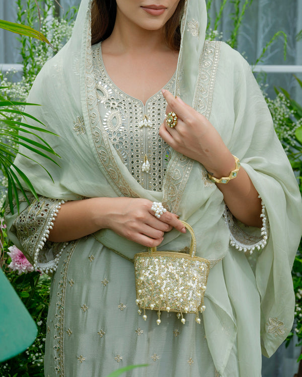 Sunehri Sage Pakistani Chinnon Schiffli Festive Suit