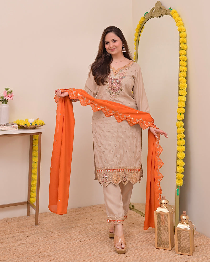 Sunkissed Ivory Chanderi Silk Handwork Festive Suit