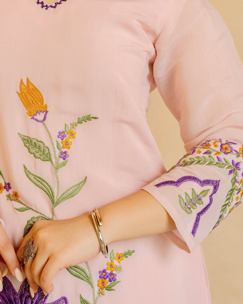 Blush Bloom Threaded Mul Chanderi A Line Suit