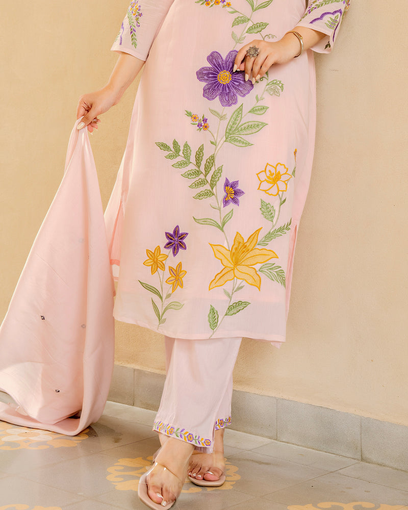 Blush Bloom Threaded Mul Chanderi A Line Suit