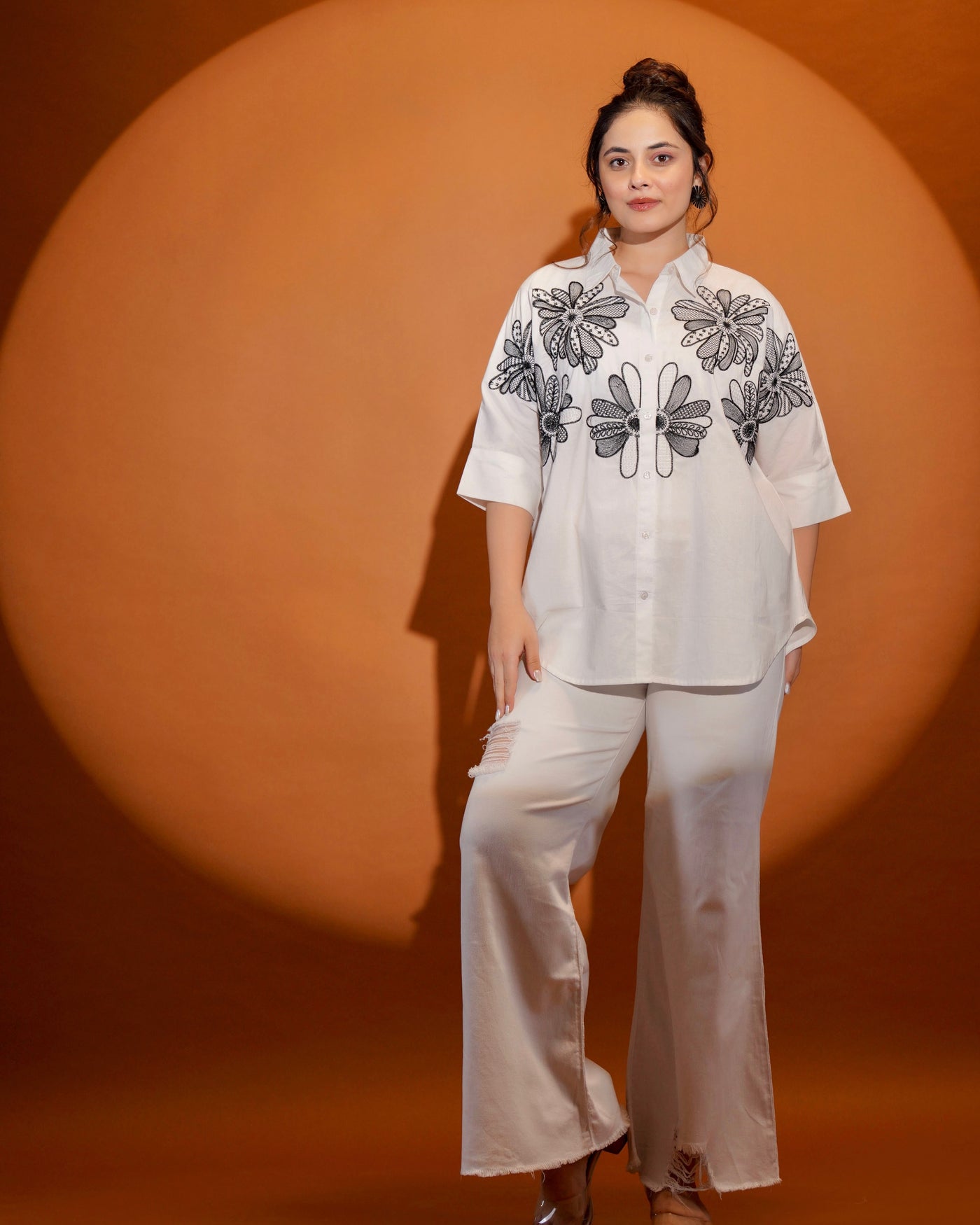 White Thread Embroidered Botanic Breeze Premium Cotton Shirt For