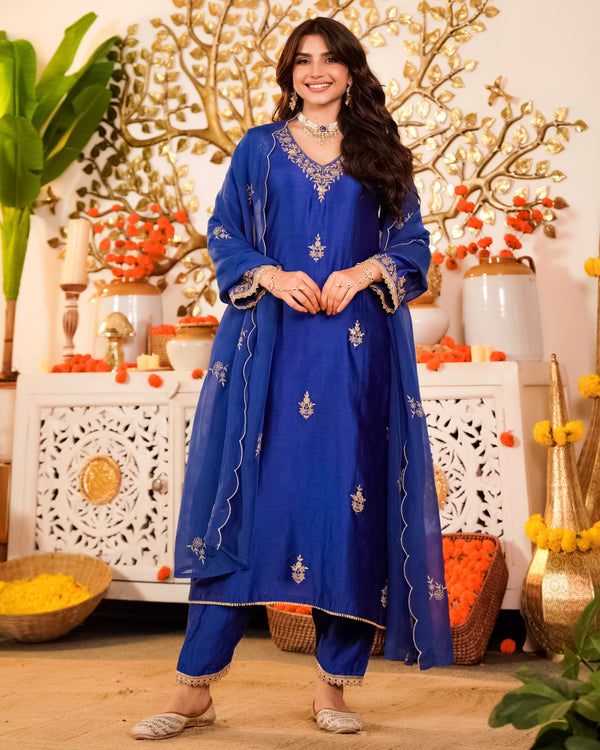 Azure Blue Noor Handwork Chanderi Silk Festive Suit