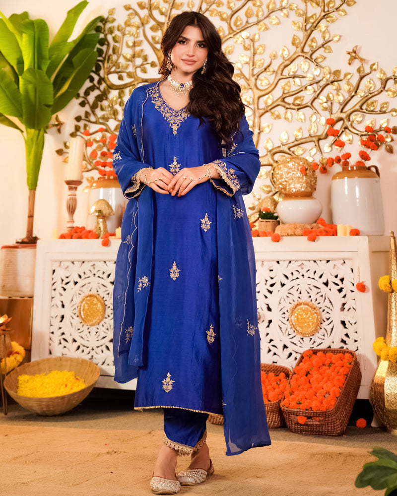 Azure Blue Noor Handwork Chanderi Silk Festive Suit