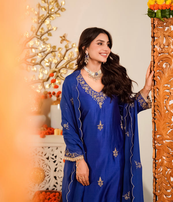 Azure Blue Noor Handwork Chanderi Silk Festive Suit