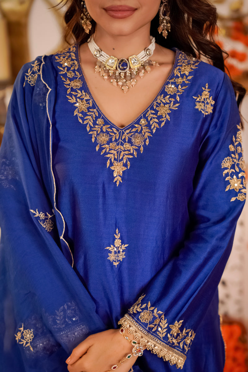 Azure Blue Noor Handwork Chanderi Silk Festive Suit