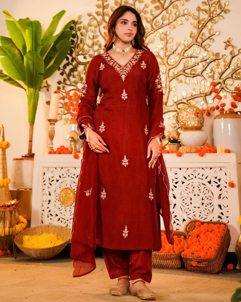 Crimson Red Noor Handwork Chanderi Silk Festive Suit