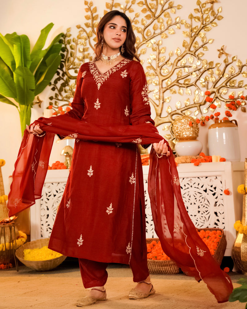 Crimson Red Noor Handwork Chanderi Silk Festive Suit