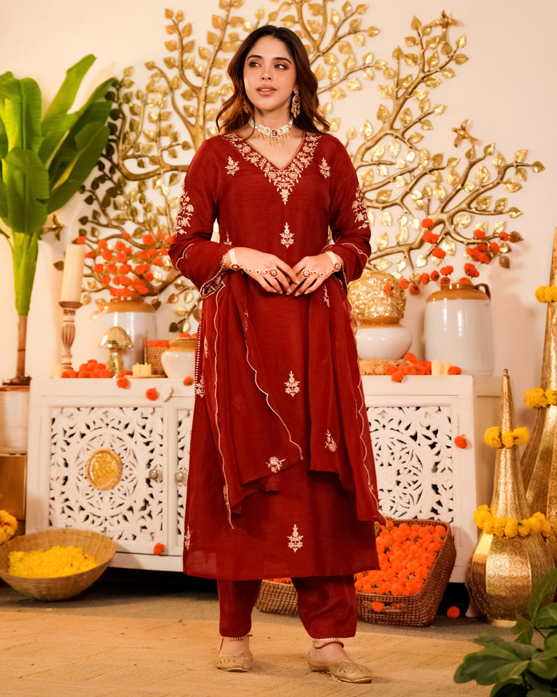 Crimson Red Noor Handwork Chanderi Silk Festive Suit