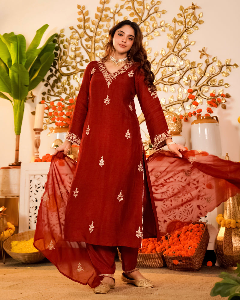 Crimson Red Noor Handwork Chanderi Silk Festive Suit
