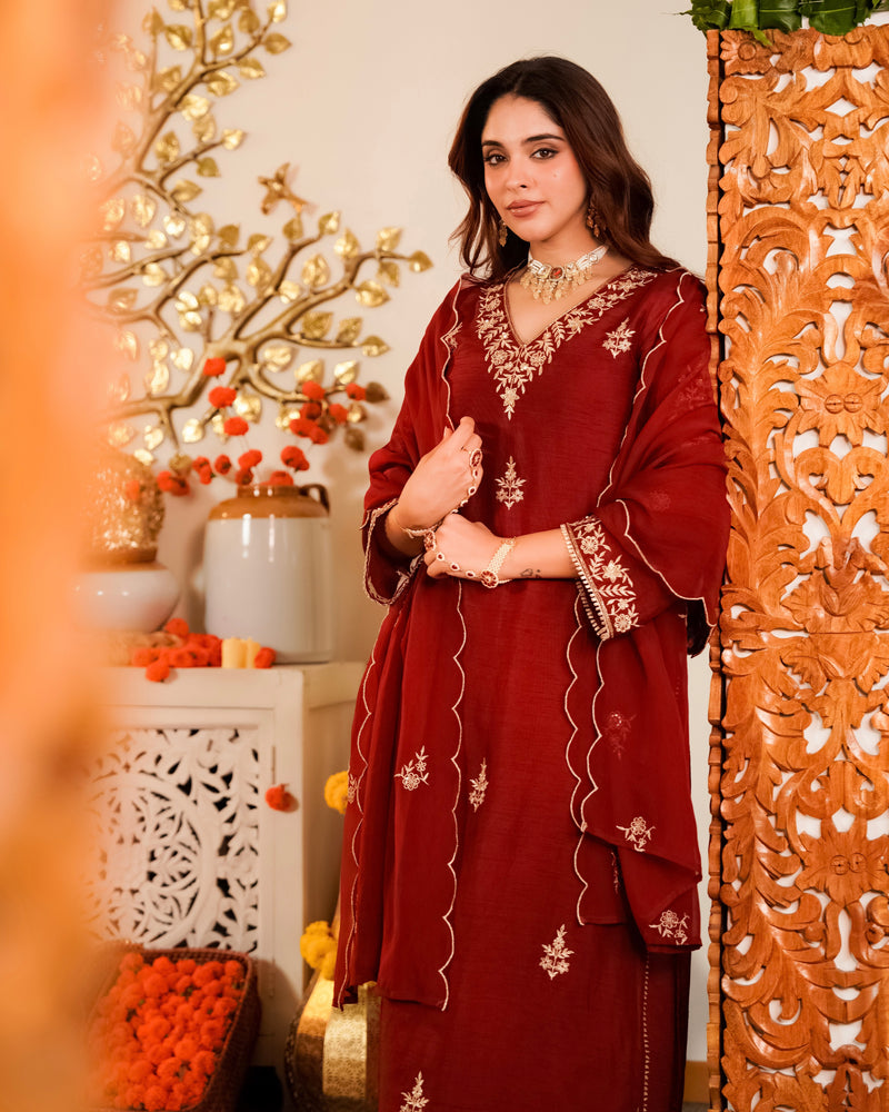 Crimson Red Noor Handwork Chanderi Silk Festive Suit